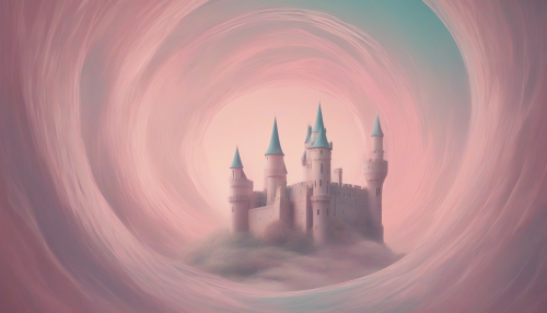 A lone, surreal castle suspended in a swirling time vortex, its minimalist silhouette contrasted against a dreamy, pastel-hued backdrop, evoking a sense of timeless elegance and mystique.