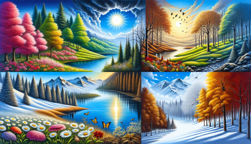 Shadowing the transitional beauty of the four seasons at a hidden mountain lake, this artwork is a tribute to nature's ever-changing magic. In this seamless piece, you see the blossoming of spring under the azure sky, the bright vibrance of summer, the russet hues of autumn, and the snow-clad silence of winter. The lake, reflecting these changes in its glassy surface, remains the central element - serene and constant amidst the dance of seasons. A truly immersive and tranquil masterpiece.