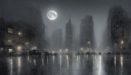 A misty cityscape unfolds in shades of gray, with raindrops clinging to windowpane reflections, as the moon casts an ethereal glow on the wet pavement, inviting the viewer to step into a serene and mystical world of contrasts.