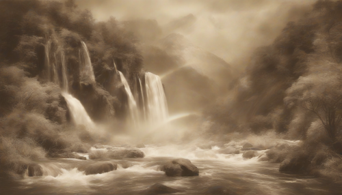 A paradisiac image that encapsulates the enchanting beauty of the Rainbow Veil Falls while flaunting a charming retro essence. Each spectral rush of water is vividly juxtaposed against the sepia-toned canvas, creating a mesmerizing blend of vintage aesthetics with vibrant hues. The piece recreates nostalgic atmospheres of bygone eras, inviting the viewer into a soothingly familiar yet surreal world. It's a unique portrayal of beauty, where the antique meets the iridescence, capturing the timeless allure of nature's spectacle.