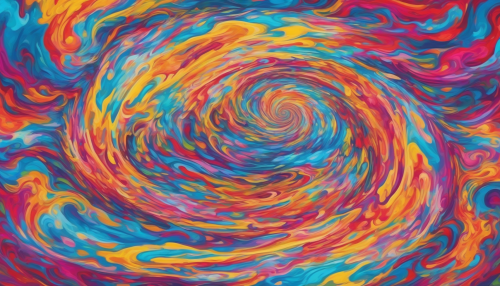 A vibrant Pop Art whirlpool, with the Eye of the Tornado at its center, surrounded by swirling clouds of bright hues, as if the storm's calm eye is being pulled into a kaleidoscope of colors, creating a mesmerizing visual effect.