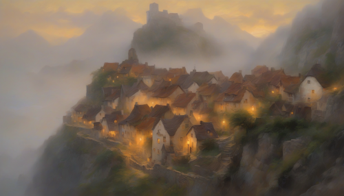 Soft, feathery brushstrokes capture the eerie mist swirling around a quaint village perched on a rugged cliffside, with warm golden light peeking through the fog, casting a mystical ambiance over the thatched roofs and winding cobblestone streets.