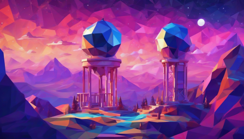 Immerse yourself in a stunning low poly celestial observatory, perched atop a vibrant, polygonal hill under a starlit sky. The intricate geometric shapes create a mesmerizing landscape of deep blues and purples, while bright celestial bodies twinkle above. A whimsical telescope invites exploration, as colorful clouds drift lazily, adding charm to this dreamlike scene.