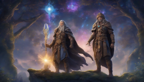 A powerful hero stands tall, surrounded by ancient runes and mystical artifacts, with a radiant aura and an air of wisdom, set against a backdrop of a fantastical, star-filled night sky and mystical forests, evoking a sense of legend and timeless adventure.