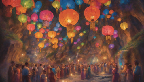 Vibrant celebrations unfold within Mystic Canyon, as colorful lanterns and joyful melodies fill the air, blending excitement with ancient mystique, creating an enchanting atmosphere.