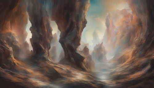 A surreal landscape unfolds, where Mystic Canyon's rugged beauty converges with abstract, dreamlike elements, transcending reality and inviting the viewer to ponder the mysteries of the unknown.