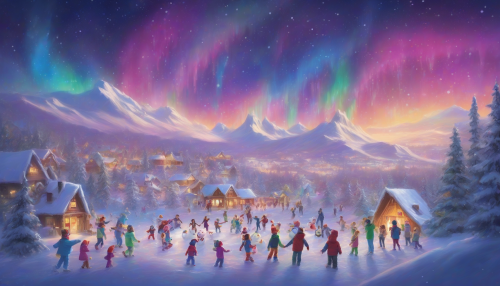 Under the dancing aurora, a snowfield transforms into a vibrant playground, where laughter and joy fill the crisp air as friends and family build snowmen, have snowball fights, and marvel at the breathtaking display of colorful lights in the night sky.