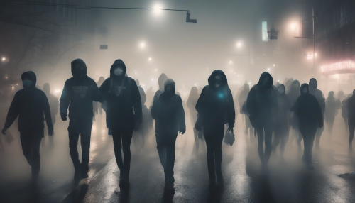 A gritty, moonlit cityscape with protesters holding glowing signs, their faces filled with determination, as they march through a crowded street filled with mist and fog, conveying a sense of urgency and unity in the face of social injustice.