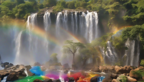 Imagine a breathtaking scene where the majestic Rainbow Veil Falls cascades into a serene pool, surrounded by vibrant traditional cultural motifs. Lush greenery frames the falls, while local artisans display colorful crafts nearby, infused with the essence of the land. Sunlight filters through the mist, creating a mesmerizing rainbow effect, infusing the atmosphere with joy and celebration.