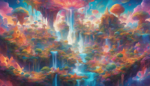 Envision a mesmerizing scene where vibrant, swirling colors blend seamlessly into the sky, forming ethereal floating islands. Each island bursts with abstract shapes and textures—some adorned with shimmering waterfalls, others cloaked in lush, surreal foliage. The background features a kaleidoscope of hues, creating a dreamlike atmosphere that invites viewers to lose themselves in this imaginative paradise.