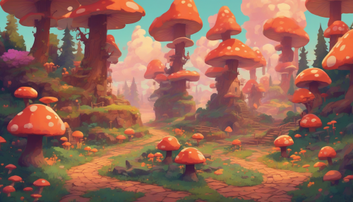 A vibrant, nostalgic landscape filled with chunky trees, glowing mushrooms, and winding pathways, set against a warm, sunset backdrop with subtle pixelation, evoking a sense of retro gaming charm and wonder.