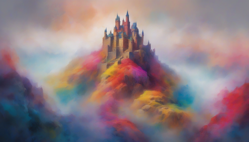 Envision a solitary, majestic castle perched atop a jagged cliff, enveloped in swirling mist and vibrant colors that pulse like a heartbeat. The minimalist aesthetic strips away distractions, focusing on the castle's intricate stonework, while the vortex spirals around it, creating a sense of dynamic motion. This striking composition invites viewers to ponder the intersection of history and the unknown.