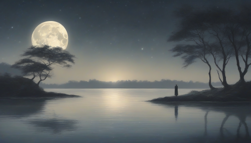 A lone figure stands at the water's edge, surrounded by a serene landscape of swaying trees and gentle waves, under a soft, lunar glow, lost in contemplation and the soothing sounds of the night.