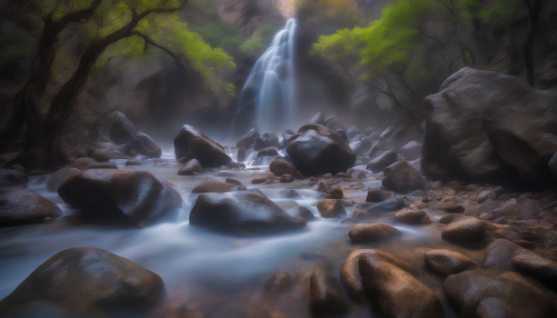 Capture the enchanting essence of Mystic Canyon through a long exposure lens, where vibrant hues blend seamlessly with the soft, flowing water. The towering cliffs, shrouded in an enchanting mist, create an otherworldly atmosphere as light dances across the rocks. This mystical scene invites viewers to immerse themselves in a realm where nature's beauty transcends time.