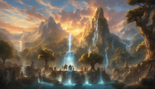 In a mystical realm, legendary heroes gather around a radiant fountain, surrounded by ancient trees and mystical creatures, as the sun sets behind a backdrop of towering mountains and shimmering waterfalls, evoking a sense of wonder and awe in a world of magic and myth.