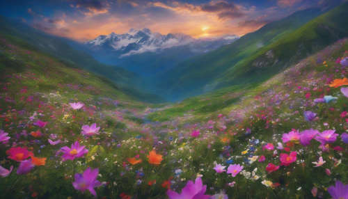 In the mystical Hidden Valley of Flowers, ancient legends unfold among vibrant blooms, where mythical creatures dance under starlight and whispers of the valley's secrets are carried by the gentle breeze that stirs the fragrant petals.