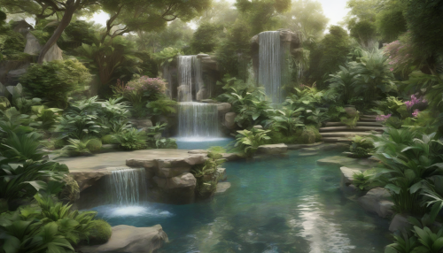 Soft, ombre hues blend with lush greenery, as gentle waterfalls cascade into serene pools, evoking a sense of enchantment and tranquility, inviting all to step into a haven of natural beauty and wonder.