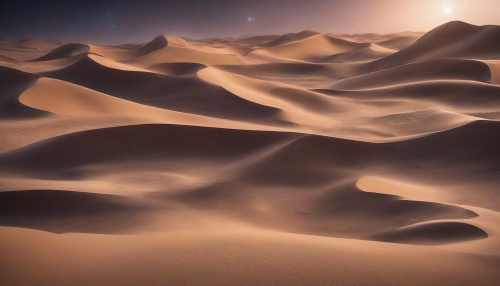 Envision a vast starlit desert under a velvety night sky, where the dunes shimmer with the light of countless stars. Wisps of time swirl through the air, resembling ethereal memories taking form as elegant shapes and colors. Each grain of sand reflects a moment lost in time, inviting the viewer to explore this mesmerizing blend of nostalgia and cosmic beauty.