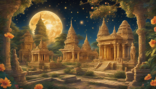 A warm, golden glow emanates from a serene, ancient temple, surrounded by lush greenery and vibrant flowers, with intricate carvings and statues depicting mythological scenes, set against a breathtaking, starry night sky.