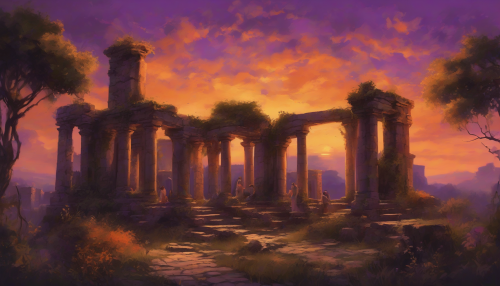 A breathtaking group scene unfolds at twilight, where friends gather amidst majestic ancient ruins, their silhouettes bathed in golden hues. Vivid orange and purple skies frame crumbling stone, overgrown with vines. Laughter and camaraderie echo through the air, creating an atmosphere of nostalgia and exploration, as day transitions to the mystery of night.