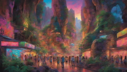 A bustling cityscape merges seamlessly with the enchanting allure of Mystic Canyon. In this vibrant scene, graffiti-covered walls blend with towering rock formations, where street performers dance under the glow of neon lights. Lush greenery cascades from canyon crevices, while the echoes of urban sounds harmonize with the whispers of nature, creating a captivating visual narrative.