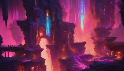 In the heart of Mystic Canyon, neon lights dance across ancient, mystical walls, as cyberpunk innovations merge with timeless, otherworldly energies, creating a mesmerizing fusion of technology and mysticism under the dark, starry sky.