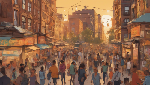 A bustling city scene at dusk, with people of diverse backgrounds walking together, surrounded by vibrant street art, food vendors, and historic buildings, capturing the essence of urban culture and community in a warm, golden light.