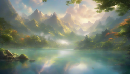 A serene Hidden Mountain Lake shines amidst vibrant, lush foliage and majestic peaks, as gentle mist and warm sunlight dance across its tranquil surface, inviting all to uncover the secrets within its mystical realm.