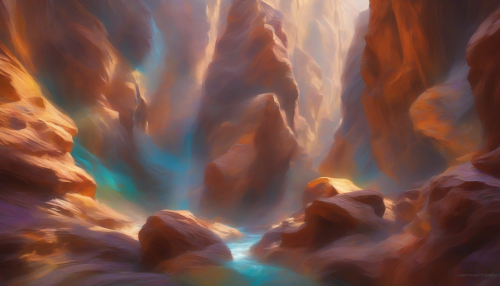 Envision a mesmerizing scene where swirling kinetic art elements dance through a breathtaking canyon landscape. Vivid colors and flowing patterns intertwine with the natural rock formations, creating a harmonious blend of movement and stillness. Ethereal mist weaves through the canyon, while sunlight filters through, casting enchanting shadows and illuminating the art's intricate details, inviting viewers to explore this captivating interplay.