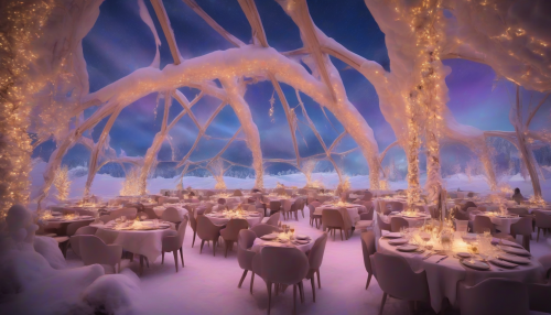 Underneath the dancing aurora, a serene snowfield transforms into a gourmet paradise, where delectable dishes and warm beverages are savored amidst the ethereal glow, as the sky's colorful display harmonizes with the delicacies, crafting an unforgettable culinary experience.