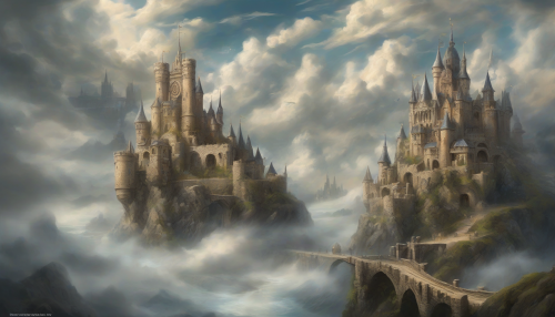 A mystical castle materializes amidst swirling clouds, its stone walls and towers piercing the sky as the fabric of time unravels around it, with clockwork mechanisms and ancient magic merging in a dazzling display of wonder and discovery.