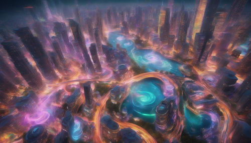 Visualize a dynamic cityscape where towering skyscrapers spiral into a colossal whirlpool, blending architecture with swirling waters. Streets are alive with vibrant colors and futuristic designs, while flying vehicles zip through the air. Illuminated by neon lights, the scene captures the energy of urban life intertwined with the raw power of nature, creating a mesmerizing fusion of chaos and harmony.