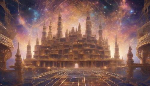 Intricate geometric patterns dance across the Nebula Crown Palace, as shimmering stars and galaxies swirl around its majestic architecture, creating an otherworldly atmosphere of wonder and enchantment.