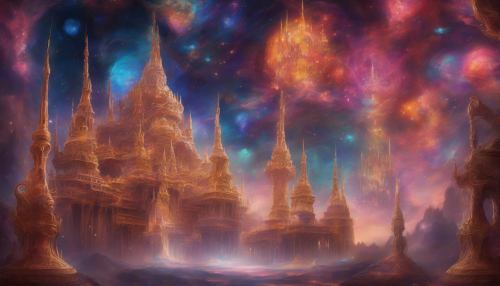 Explore the magnificent Nebula Crown Palace, a breathtaking structure suspended within swirling cosmic clouds. Its iridescent spires pierce the vibrant hues of a distant nebula, while ethereal lights dance around like fireflies in the night sky. The palace, adorned with intricate, otherworldly carvings, invites viewers into a dreamlike reality, merging the fantastical with the unknown.