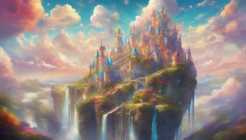 Imagine a fantastical sky castle, suspended among fluffy clouds, its whimsical architecture blending vibrant colors with surreal shapes. The castle's towers twist and curl like ribbons, adorned with shimmering crystals that catch the sunlight. Below, a dreamlike landscape unfolds, where rolling hills and cascading waterfalls stretch infinitely, creating a serene and enchanting world that defies reality and invites exploration.