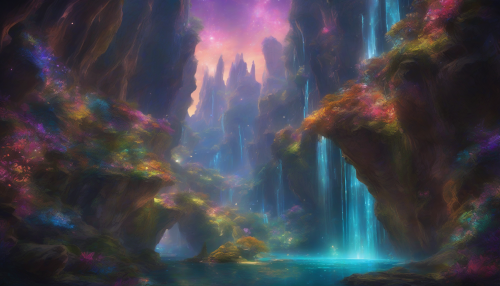 A breathtaking vista unfolds within a mystical canyon, where vibrant colors dance across towering rock formations. Ethereal glows illuminate hidden waterfalls that cascade into shimmering pools, their waters reflecting starlit skies. Lush, luminescent flora thrives among jagged cliffs, while fairy-like creatures flit about, adding a touch of magic. This enchanting scene invites adventurers into a world of wonder and discovery.