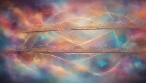 A delicate, abstract bridge stretches across a dreamy sky, with swirling clouds and shimmering lights dancing beneath, as vibrant, geometric figures seem to emerge from the mist, blending reality and fantasy in a mesmerizing display of color and atmosphere.