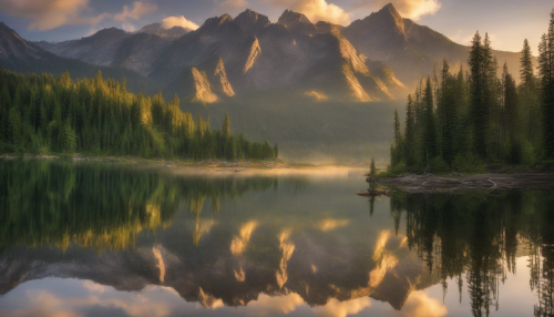 Capture the breathtaking stillness of Hidden Mountain Lake, surrounded by majestic peaks and lush forests. With a documentary photography style, depict the reflections of towering mountains on the lake's glassy surface, the play of light at sunset, and the delicate wildlife inhabiting the area. This image should evoke a deep sense of peace and connection to nature's beauty.