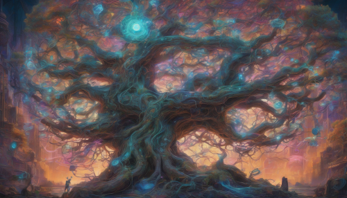 In this remarkable juxtaposition, the Ancient Tree of Knowledge, with its gnarled roots and sprawling branches, is depicted in a futuristic environment. The tree, steeped in millennia-old wisdom, appears to thrive amidst swirling vortexes of neon, digital nodes, and quantum fragments, embodying the fusion of traditional wisdom and advanced technology. The artwork pulses with dynamic energy and vibrant hues, creating a striking contrast that fascinates, provokes thought, and challenges the dichotomy between the old and the new.