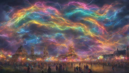 Vibrant lights dance amidst the turbulent skies, as joyful festivities unfold beneath the crackling energy of the electric storm fields, filling the air with an exhilarating atmosphere of wonder and enchantment.