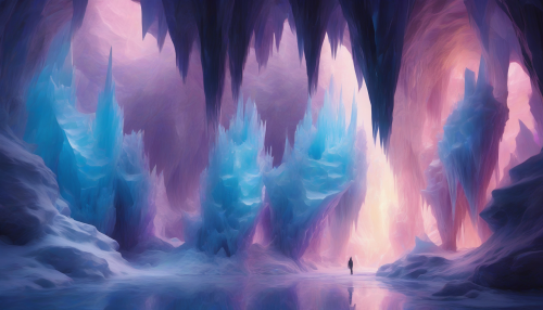 Dive into a breathtaking realm where gradient colors flow seamlessly through towering ice formations and crystalline structures. Vivid blues and purples blend together, illuminating the icy landscape with a magical glow. Ethereal light dances within the cavern, reflecting off glacial walls and creating a dreamlike atmosphere that draws the viewer deeper into this serene, otherworldly sanctuary.