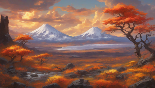 A breathtaking landscape showcasing volcanic plains under a sky transitioning through the four seasons. In the foreground, molten lava flows, surrounded by vibrant autumn foliage, while snow-capped peaks rise in the distance, hinting at winter’s chill. Lush spring flowers bloom beside rocky outcrops, and summer skies blaze with golden sunlight, creating a harmonious tapestry of nature's cycles.