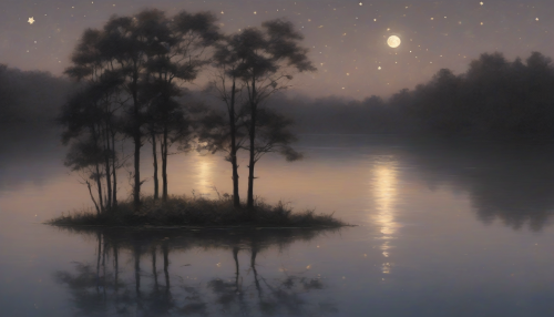 A serene, moonlit lake at dusk, with ripples of forgotten memories reflected in its calm waters, surrounded by whispering trees and a sky ablaze with stars, where time stands still in an eternal dance of remembrance and longing.