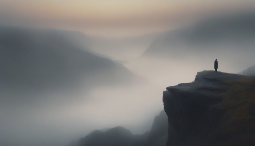 A lone figure stands on a misty cliff, surrounded by fading sunlight, with tears streaming down their face, conveying a profound sense of longing and melancholy in a serene, natural landscape.