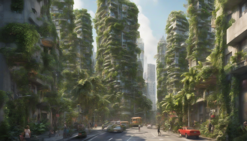 A bustling city street is overgrown with lush tropical plants, as vines crawl up skyscrapers and trees burst through sidewalks, blending the lines between nature and concrete in a vibrant, thriving fusion of jungle and metropolis.