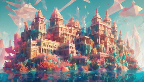 Dive into a mesmerizing low poly world where a forgotten underwater palace rises from the ocean floor. Colorful coral reefs and vivid sea life surround the majestic structure, adorned with angular shapes and sharp lines. Glimmering light filters through the water, casting playful shadows on the palace's intricate geometric designs, inviting explorers to uncover its secrets.