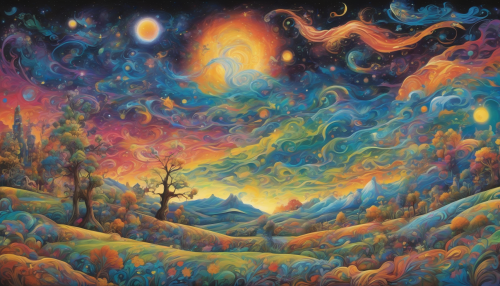 Imagine a vast expanse of rolling plains under a starlit sky, where vibrant street art graffiti dances against the natural landscape. Whimsical colors swirl in cosmic patterns, merging urban creativity with the ethereal beauty of the astral winds. Bold murals of celestial beings and surreal landscapes come alive, inviting viewers to explore a world where artistry and nature intertwine.