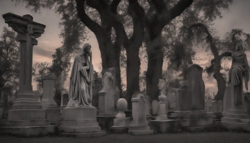 In a haunting graveyard where colossal statues loom, love and family intertwine beneath the twilight sky. Weathered tombstones whisper stories of the past, as entwined vines and blooming flowers symbolize enduring connections. A soft glow illuminates cherished memories, inviting onlookers to reflect on the sacred bonds that transcend even the silence of forgotten spirits.