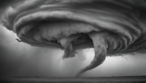 Capture the mesmerizing beauty of a tornado's eye through striking black and white photography. The swirling winds and ominous clouds converge in a dramatic dance, creating a stark contrast between light and shadow. The image draws the viewer into the heart of nature's fury, evoking a sense of awe and trepidation amidst the swirling tempest.