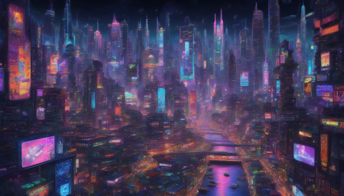 A dark, neon-lit metropolis with sleek skyscrapers, flying cars, and holographic advertisements, set against a backdrop of a starry night sky, with vibrant pixels and intricate details bringing the futuristic world to life.